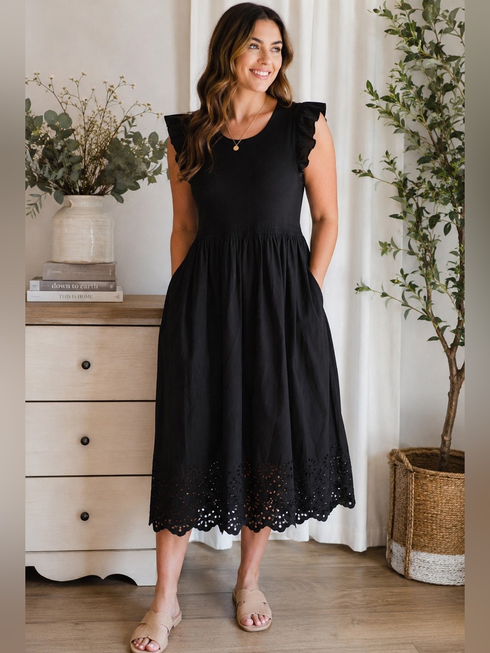 NWT LÉA Black Ribbed Flutter Sleeve Midi Dress w/ Pockets Size Large